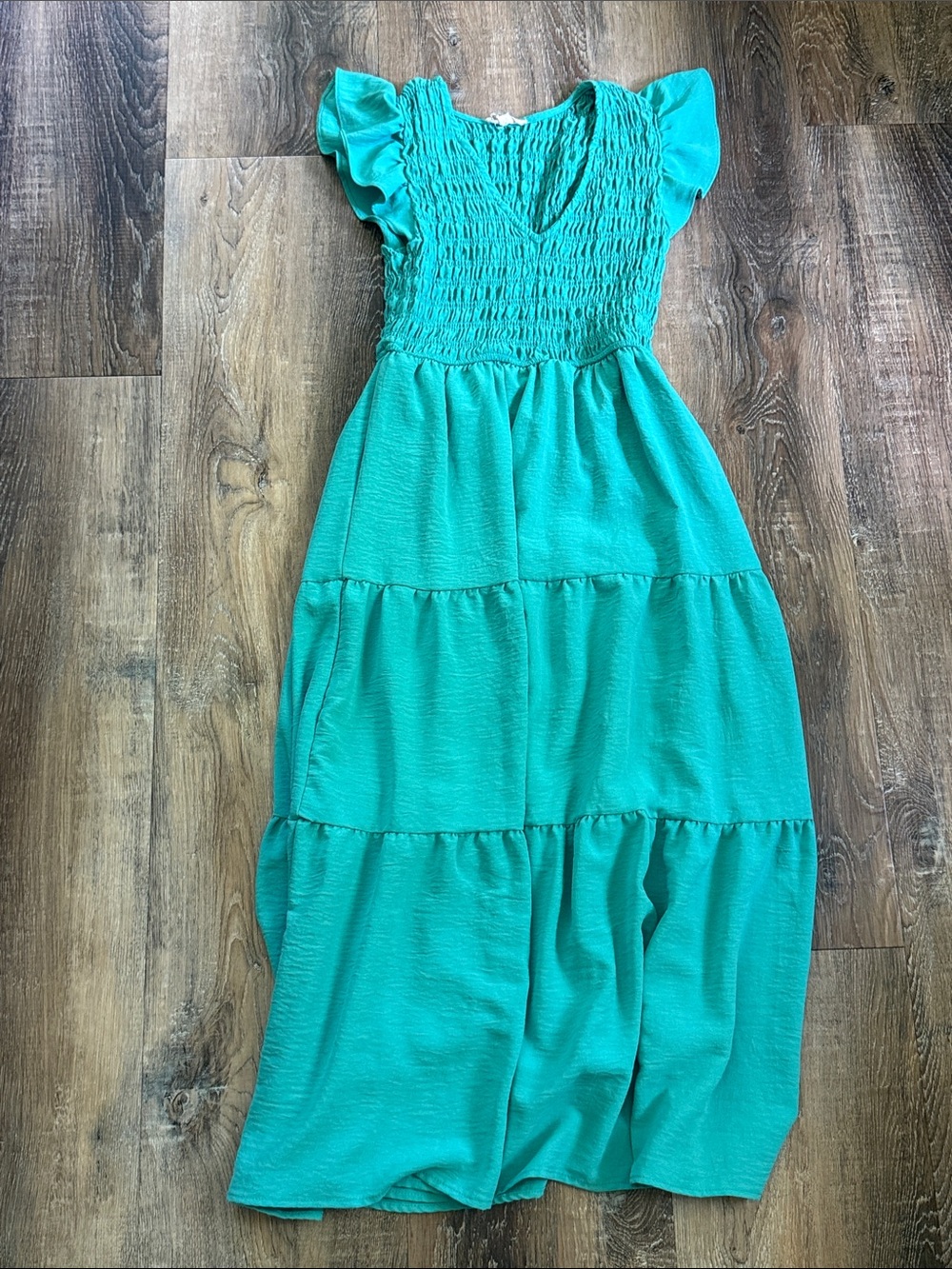 Tiered Maxi Dress with Smocked Bodice in Teal